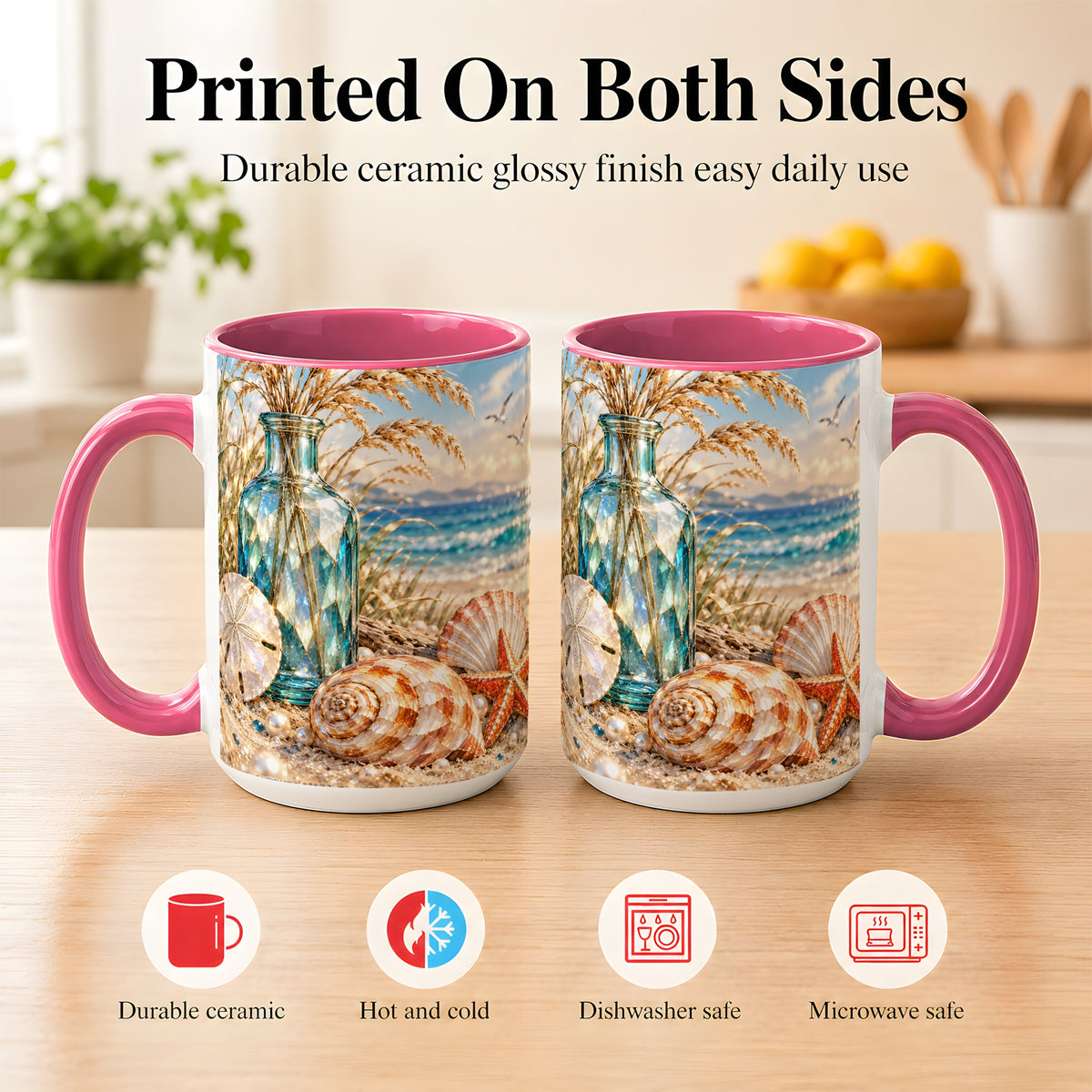 #pl[15oz|Pink] Faceted Seashell Coffee Mug, Coastal Mosaic Style Mug, Ceramic Cup