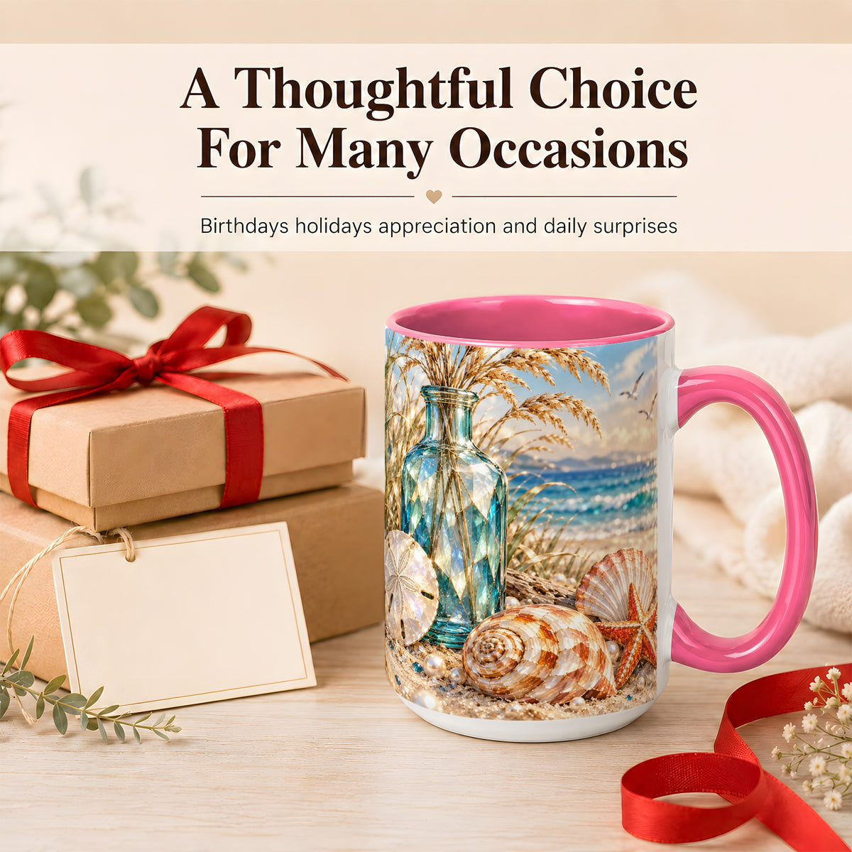 #pl[15oz|Pink] Faceted Seashell Coffee Mug, Coastal Mosaic Style Mug, Ceramic Cup
