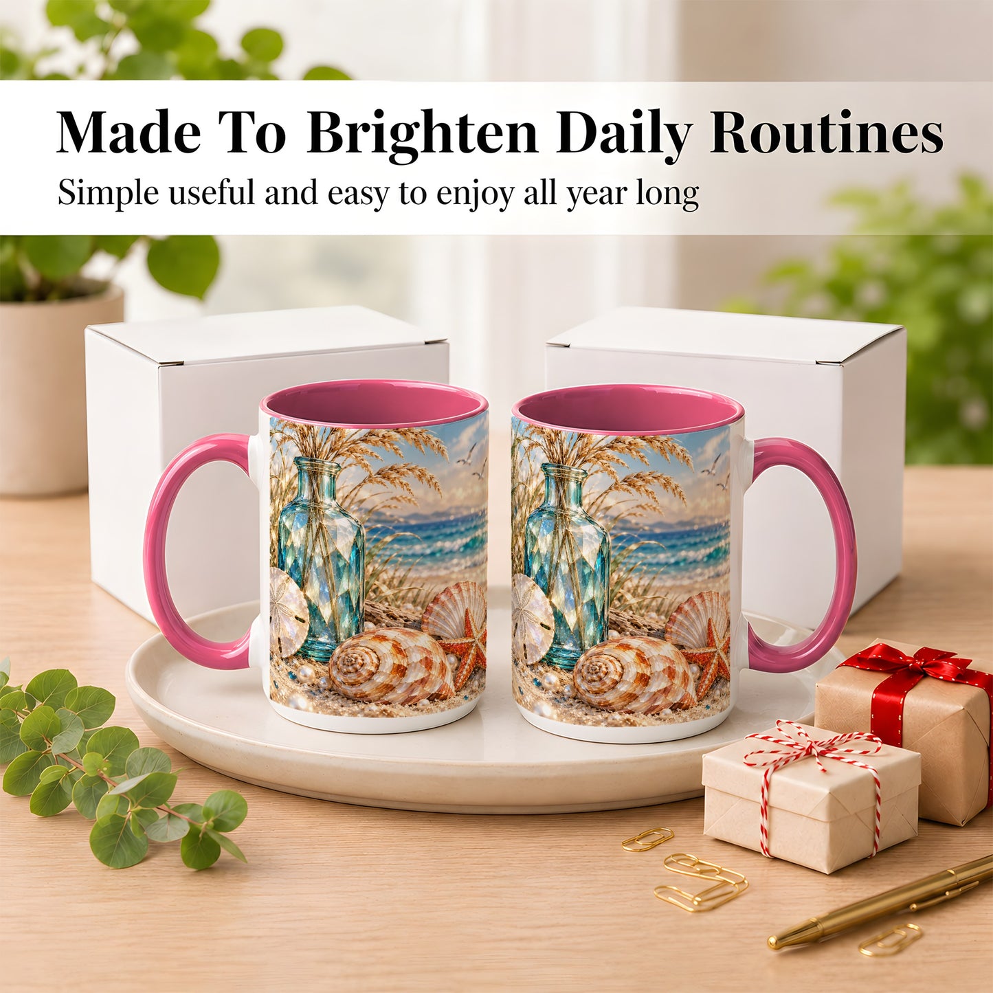 #pl[15oz|Pink] Faceted Seashell Coffee Mug, Coastal Mosaic Style Mug, Ceramic Cup