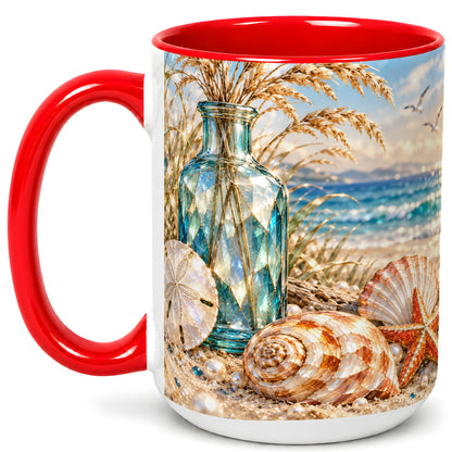#pl[15oz|Red] Faceted Seashell Coffee Mug, Coastal Mosaic Style Mug, Ceramic Cup