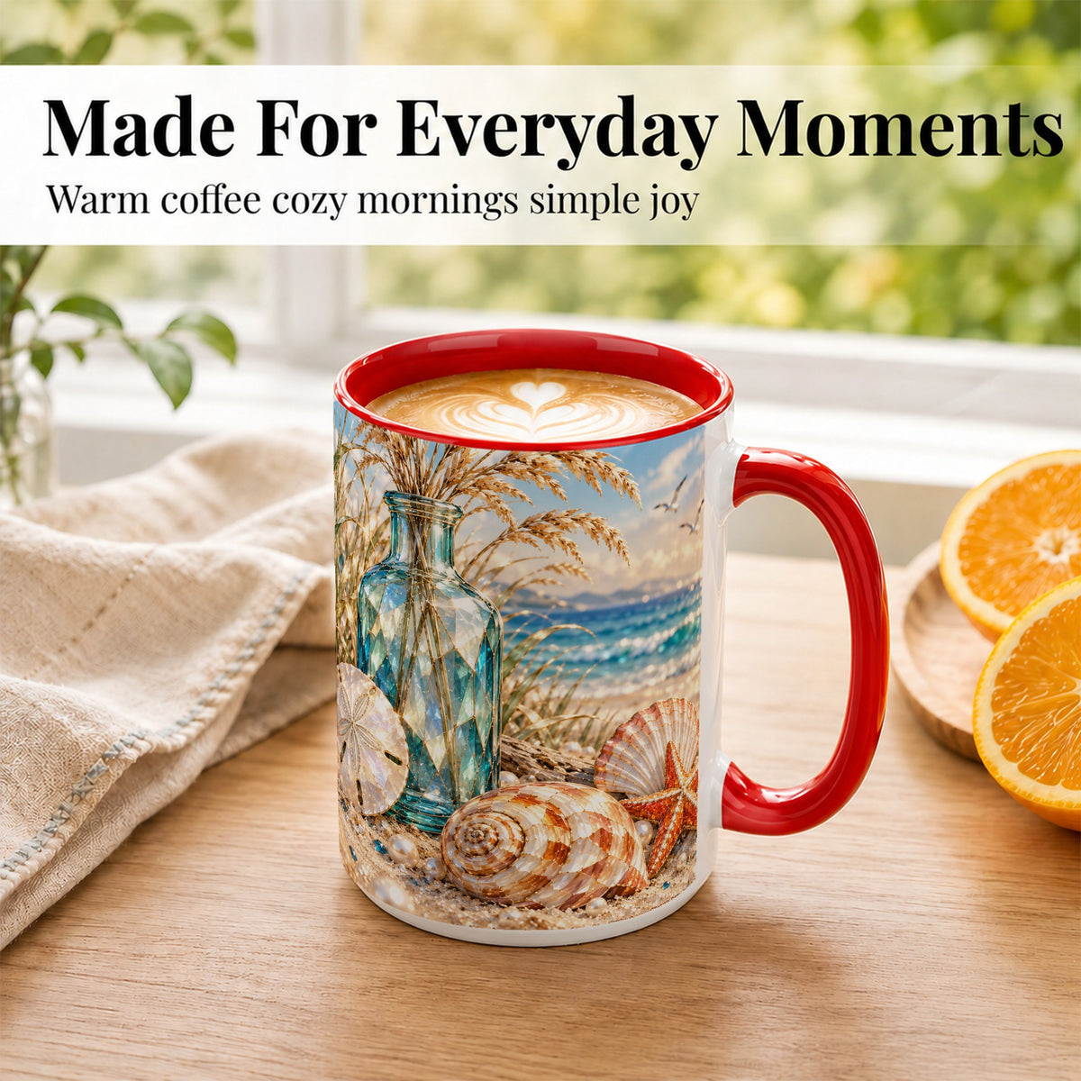 #pl[15oz|Red] Faceted Seashell Coffee Mug, Coastal Mosaic Style Mug, Ceramic Cup