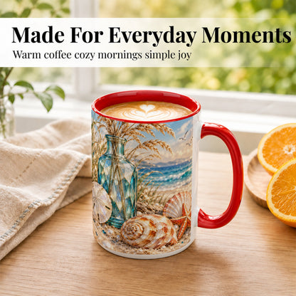#pl[15oz|Red] Faceted Seashell Coffee Mug, Coastal Mosaic Style Mug, Ceramic Cup