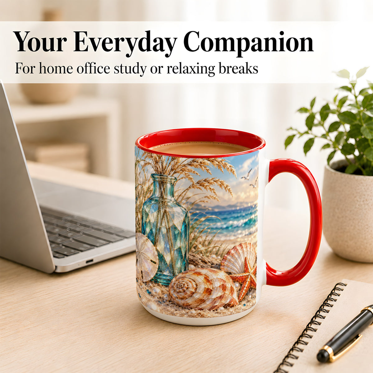 #pl[15oz|Red] Faceted Seashell Coffee Mug, Coastal Mosaic Style Mug, Ceramic Cup