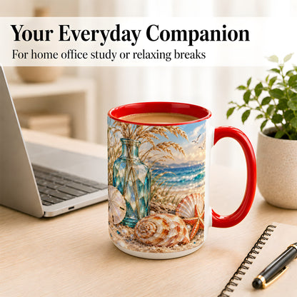 #pl[15oz|Red] Faceted Seashell Coffee Mug, Coastal Mosaic Style Mug, Ceramic Cup