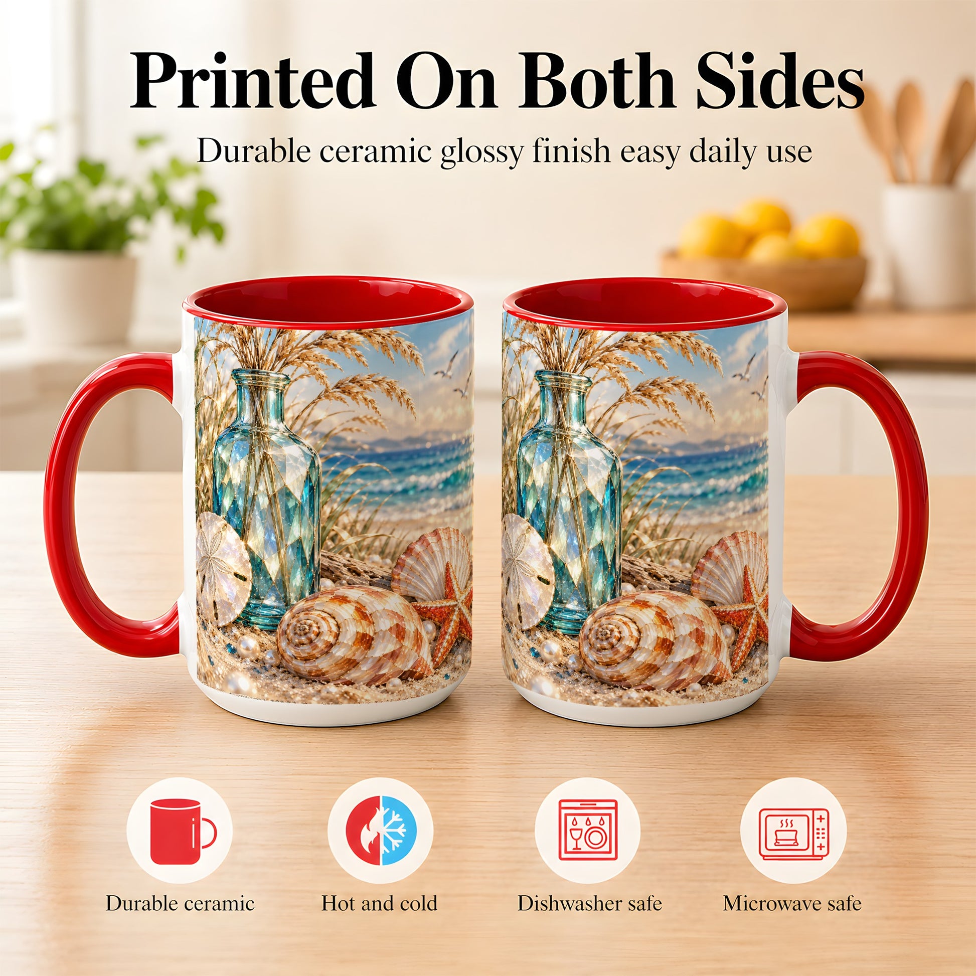 #pl[15oz|Red] Faceted Seashell Coffee Mug, Coastal Mosaic Style Mug, Ceramic Cup