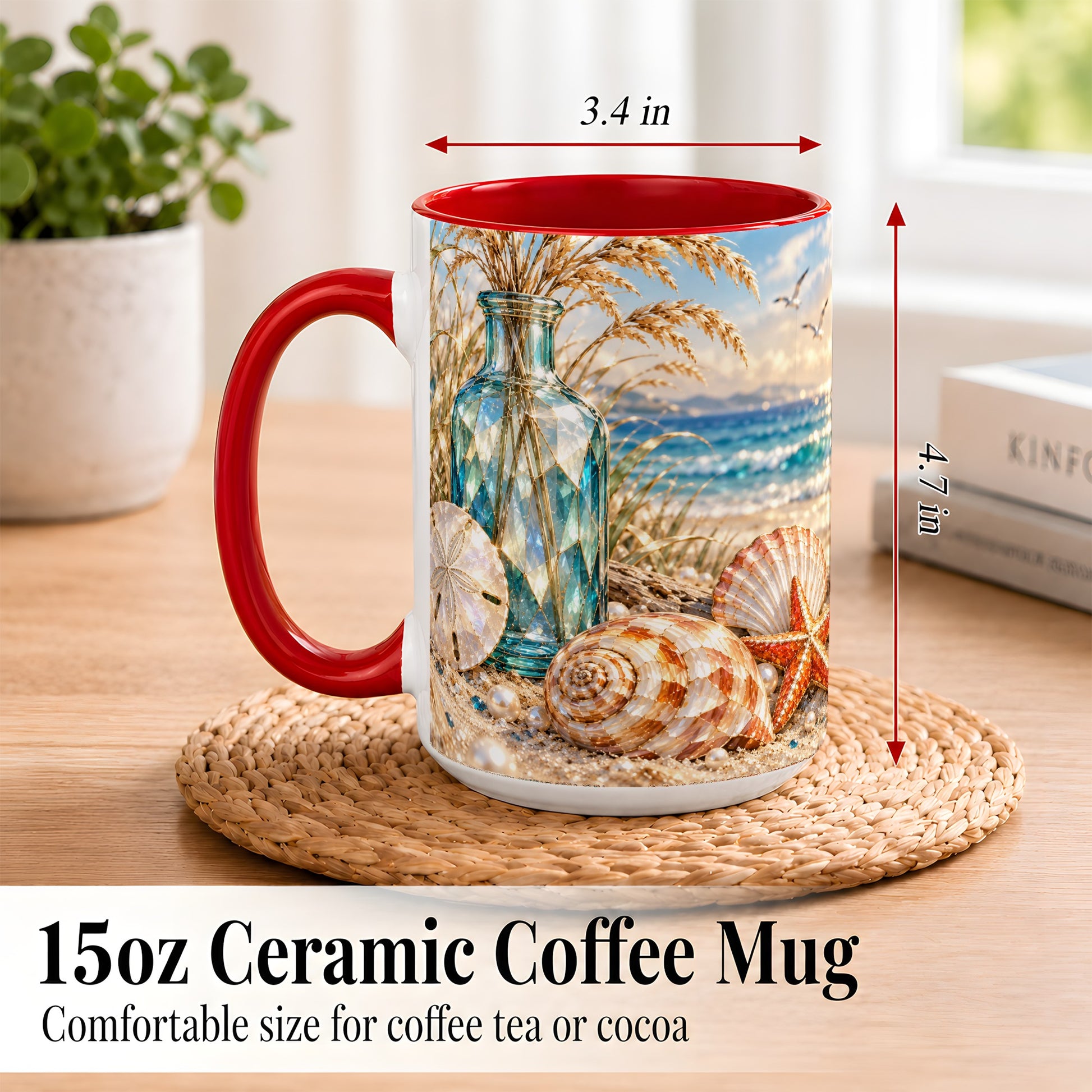 #pl[15oz|Red] Faceted Seashell Coffee Mug, Coastal Mosaic Style Mug, Ceramic Cup