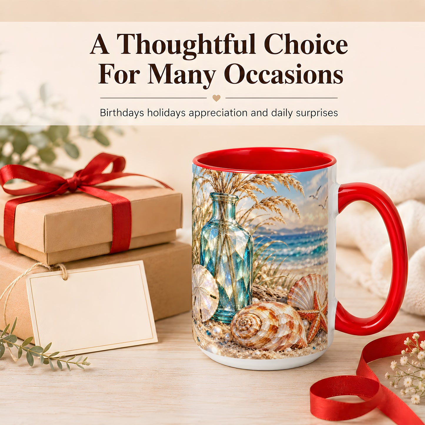 #pl[15oz|Red] Faceted Seashell Coffee Mug, Coastal Mosaic Style Mug, Ceramic Cup