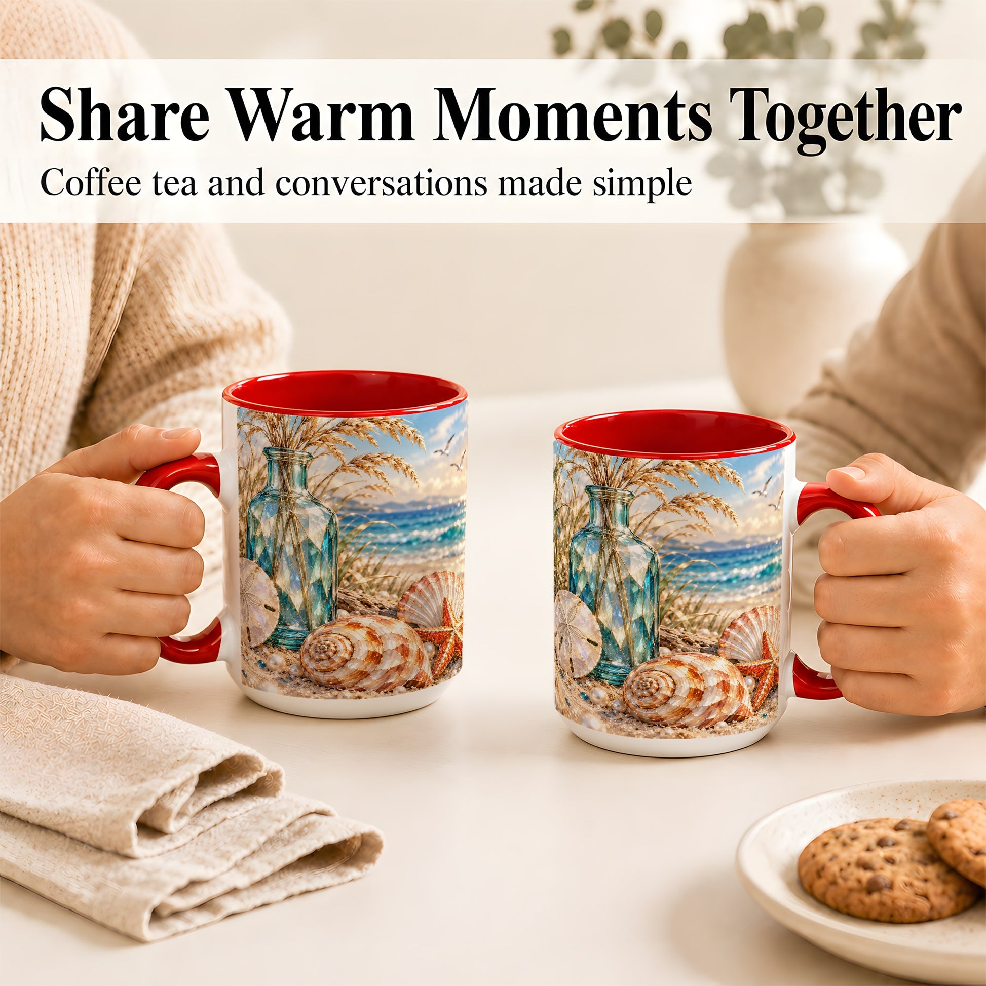 #pl[15oz|Red] Faceted Seashell Coffee Mug, Coastal Mosaic Style Mug, Ceramic Cup