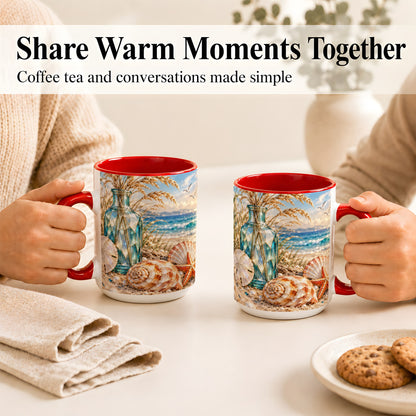 #pl[15oz|Red] Faceted Seashell Coffee Mug, Coastal Mosaic Style Mug, Ceramic Cup