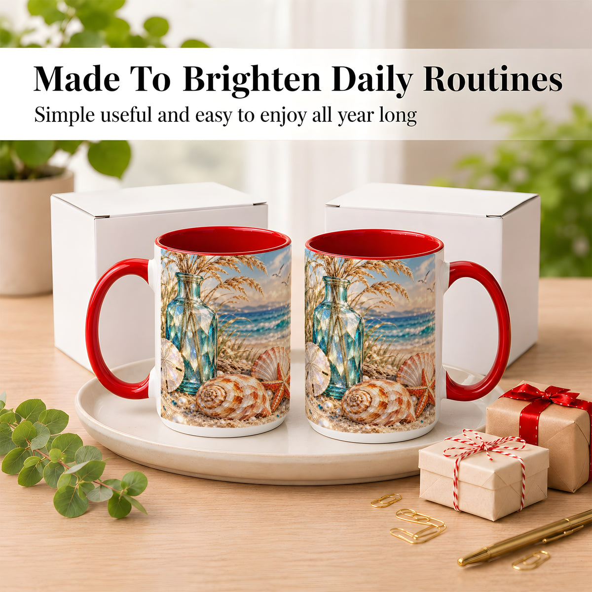 #pl[15oz|Red] Faceted Seashell Coffee Mug, Coastal Mosaic Style Mug, Ceramic Cup