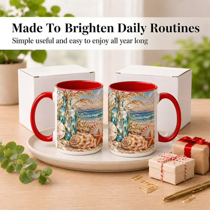 #pl[15oz|Red] Faceted Seashell Coffee Mug, Coastal Mosaic Style Mug, Ceramic Cup