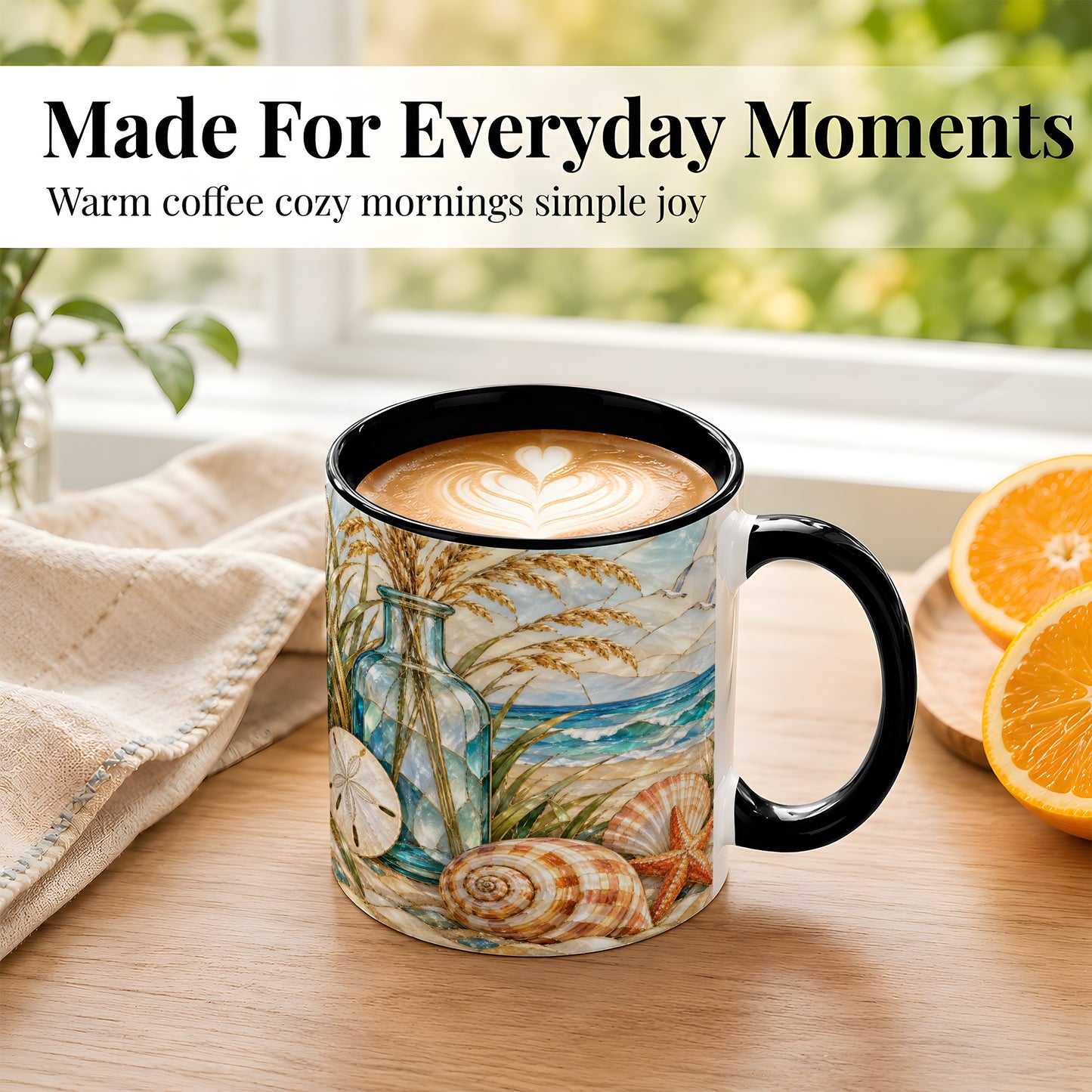 #pl[11oz|Black] Coastal Shell Coffee Mug, Stained Glass Style Mug, Ceramic Cup