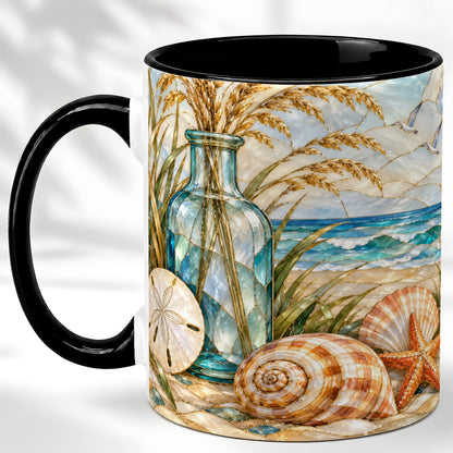 #pl[11oz|Black] Coastal Shell Coffee Mug, Stained Glass Style Mug, Ceramic Cup