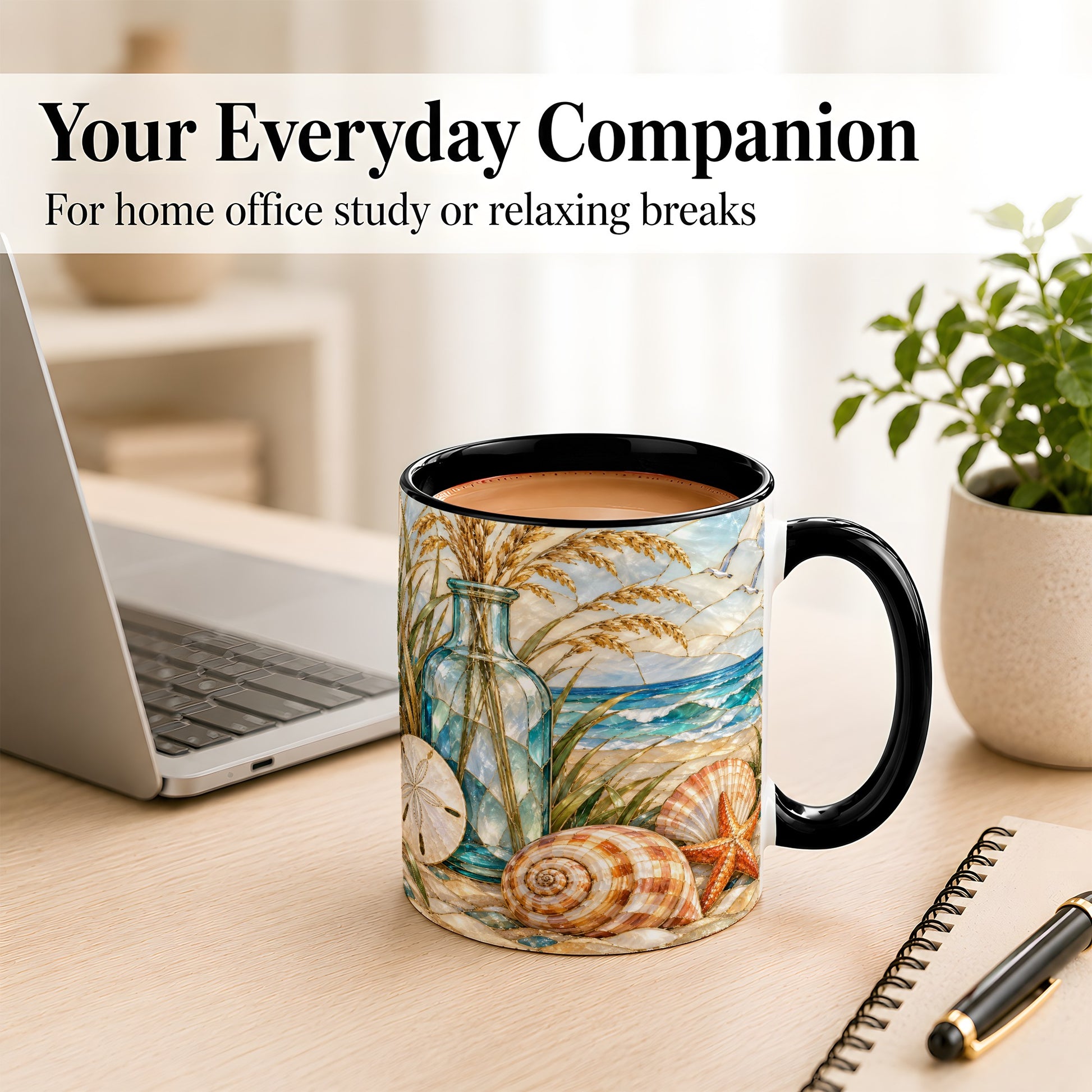 #pl[11oz|Black] Coastal Shell Coffee Mug, Stained Glass Style Mug, Ceramic Cup