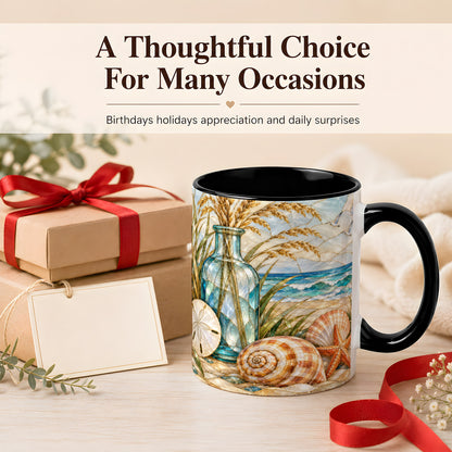 #pl[11oz|Black] Coastal Shell Coffee Mug, Stained Glass Style Mug, Ceramic Cup