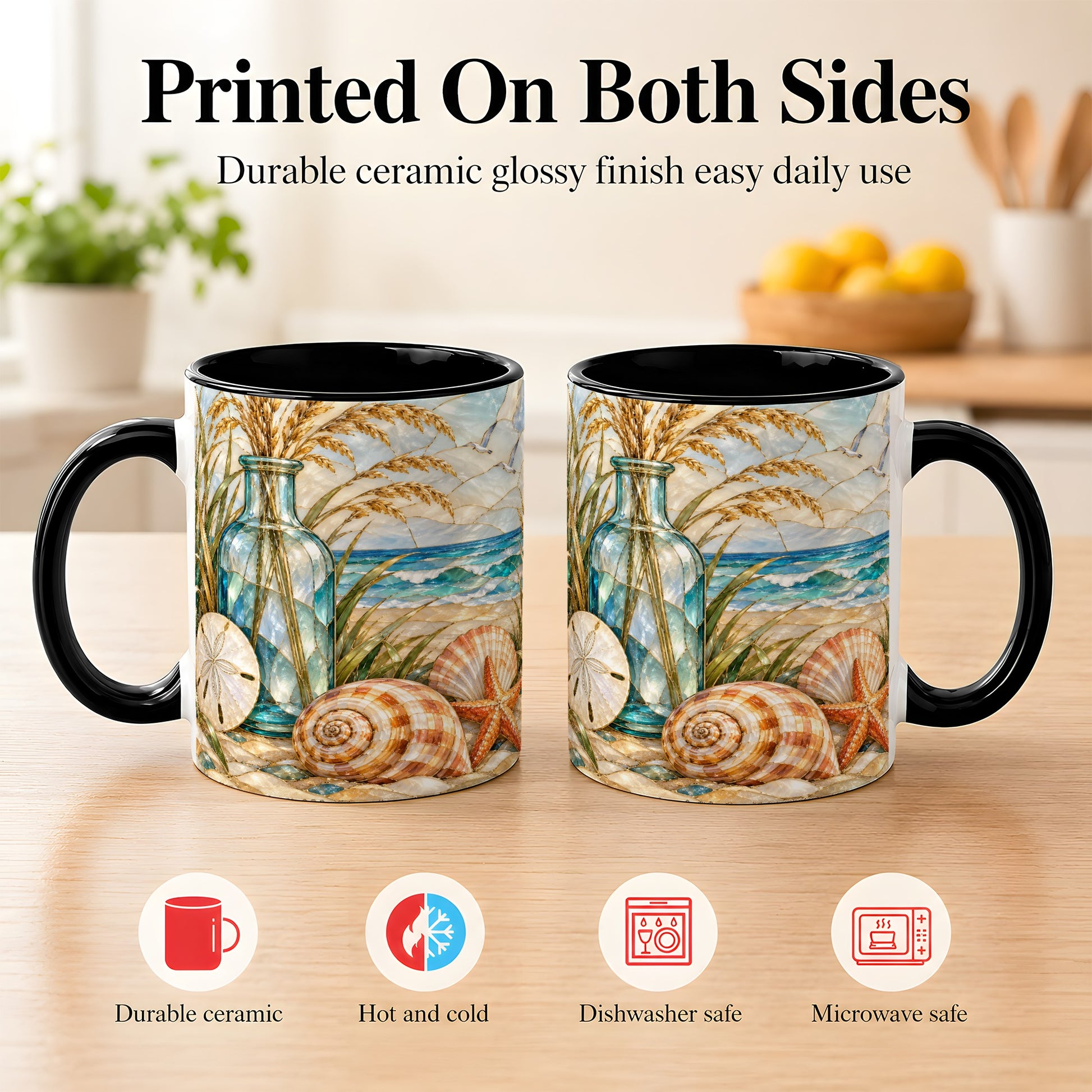 #pl[11oz|Black] Coastal Shell Coffee Mug, Stained Glass Style Mug, Ceramic Cup