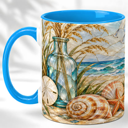 #pl[11oz|Blue] Coastal Shell Coffee Mug, Stained Glass Style Mug, Ceramic Cup