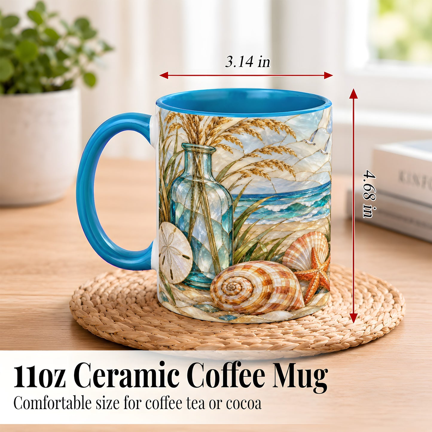 #pl[11oz|Blue] Coastal Shell Coffee Mug, Stained Glass Style Mug, Ceramic Cup