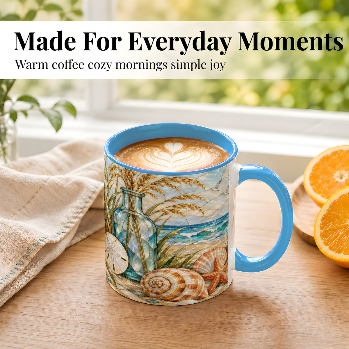 #pl[11oz|Blue] Coastal Shell Coffee Mug, Stained Glass Style Mug, Ceramic Cup