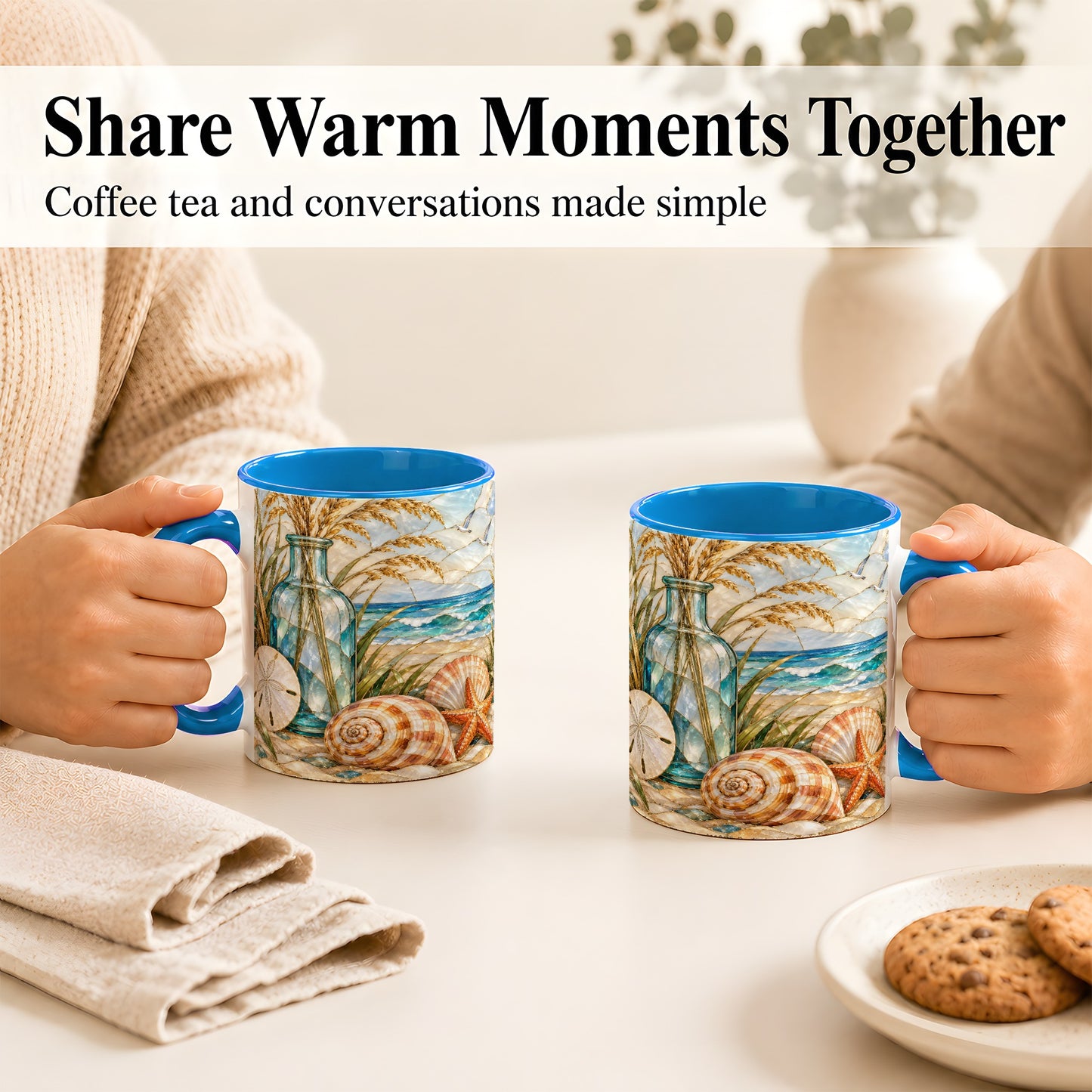 #pl[11oz|Blue] Coastal Shell Coffee Mug, Stained Glass Style Mug, Ceramic Cup