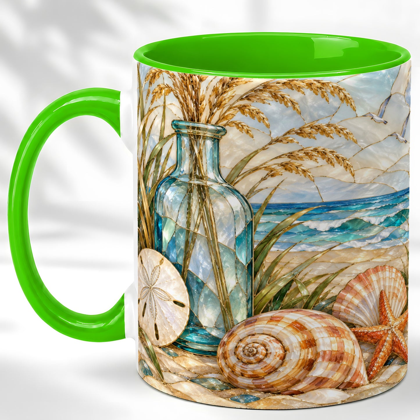 #pl[11oz|Green] Coastal Shell Coffee Mug, Stained Glass Style Mug, Ceramic Cup