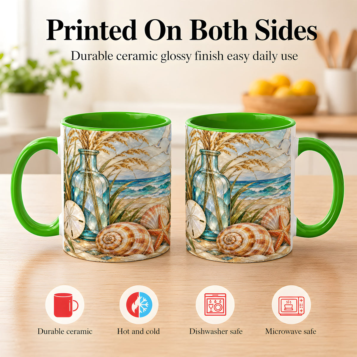 #pl[11oz|Green] Coastal Shell Coffee Mug, Stained Glass Style Mug, Ceramic Cup