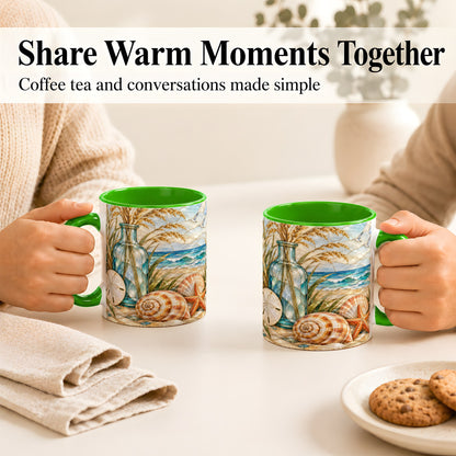 #pl[11oz|Green] Coastal Shell Coffee Mug, Stained Glass Style Mug, Ceramic Cup