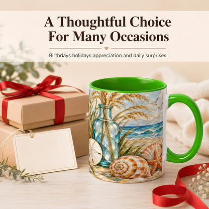 #pl[11oz|Green] Coastal Shell Coffee Mug, Stained Glass Style Mug, Ceramic Cup