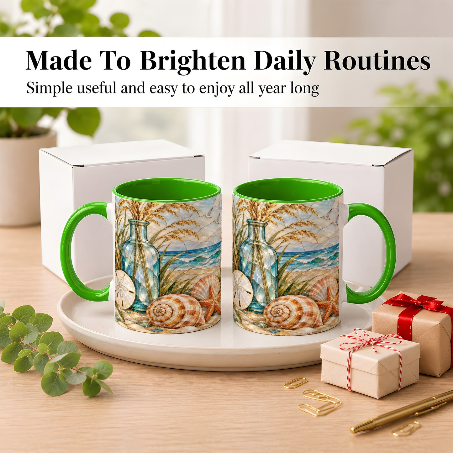 #pl[11oz|Green] Coastal Shell Coffee Mug, Stained Glass Style Mug, Ceramic Cup