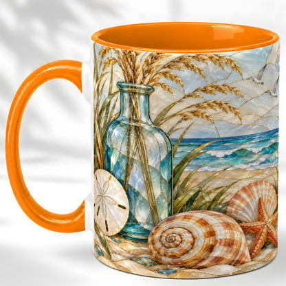 #pl[11oz|Orange] Coastal Shell Coffee Mug, Stained Glass Style Mug, Ceramic Cup
