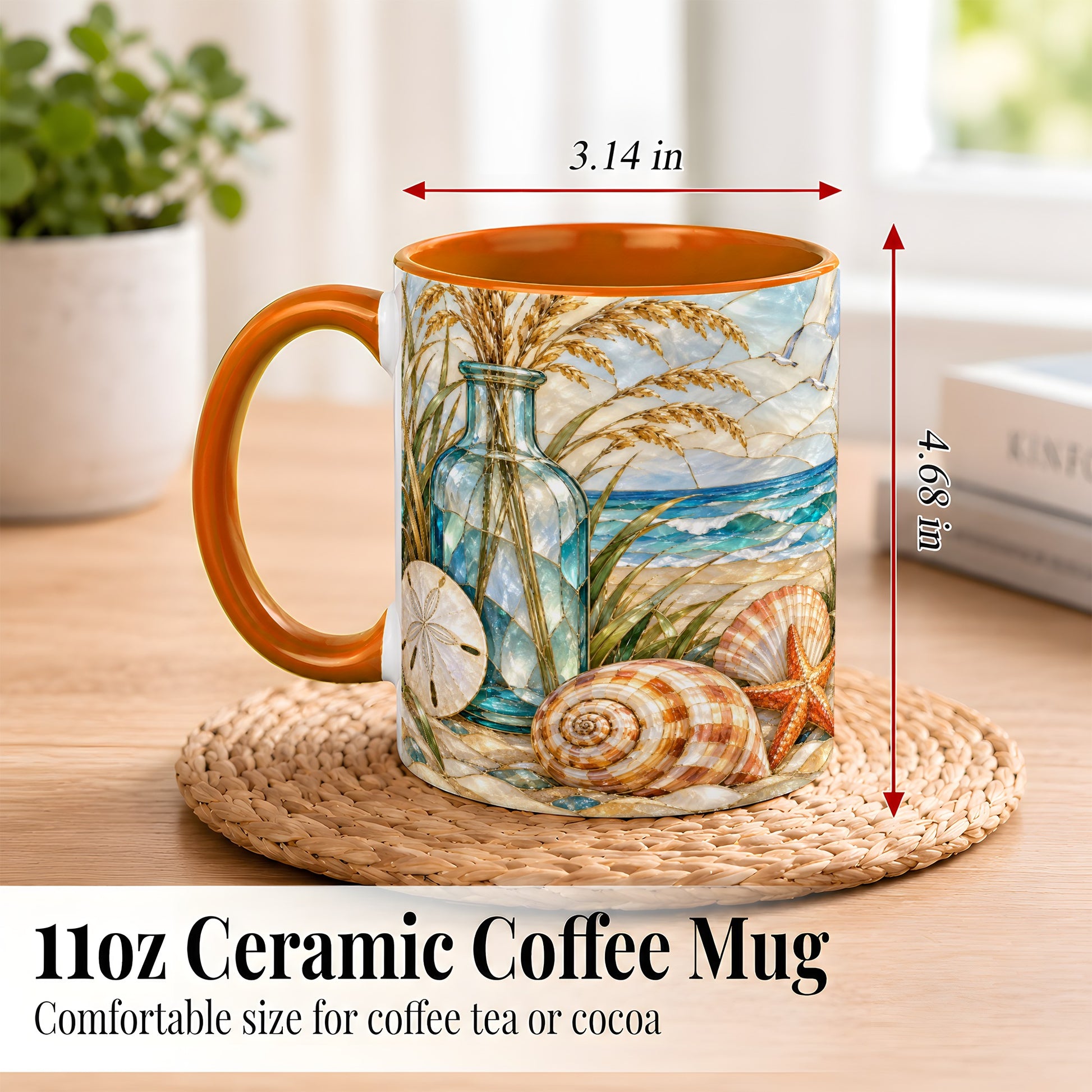 #pl[11oz|Orange] Coastal Shell Coffee Mug, Stained Glass Style Mug, Ceramic Cup