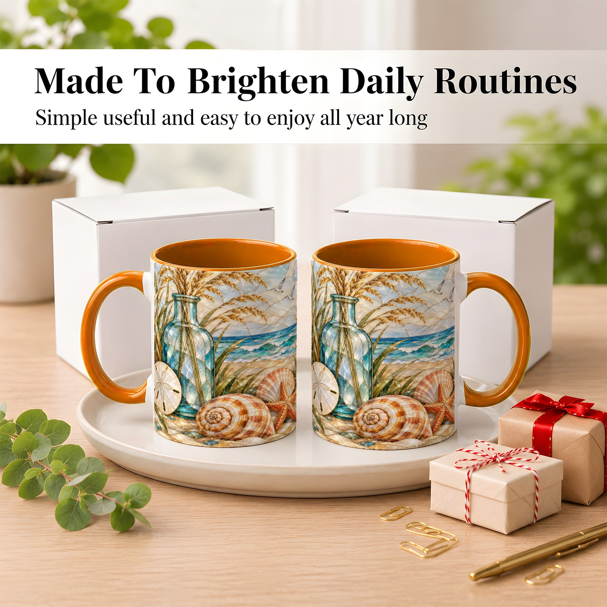 #pl[11oz|Orange] Coastal Shell Coffee Mug, Stained Glass Style Mug, Ceramic Cup