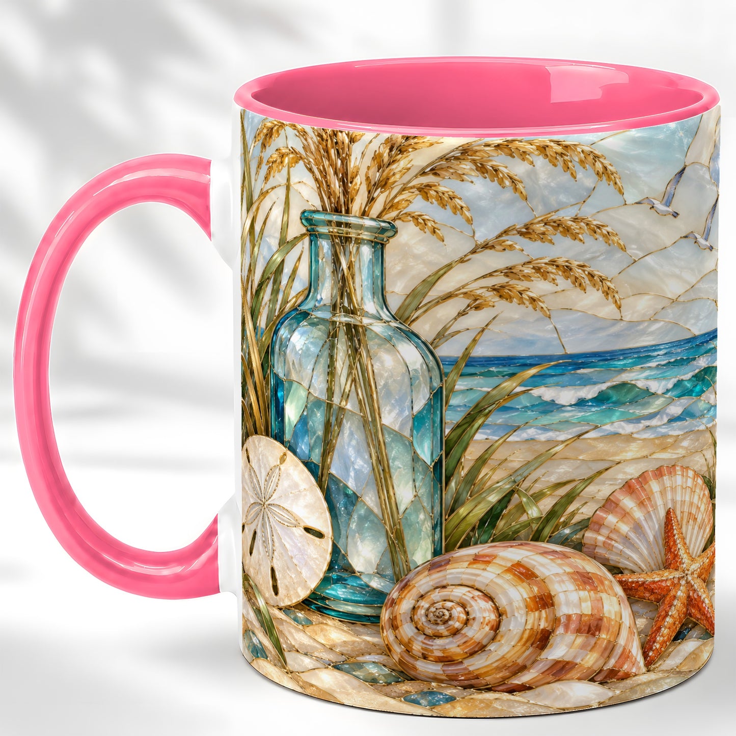 #pl[11oz|Pink] Coastal Shell Coffee Mug, Stained Glass Style Mug, Ceramic Cup