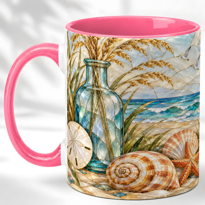 #pl[11oz|Pink] Coastal Shell Coffee Mug, Stained Glass Style Mug, Ceramic Cup