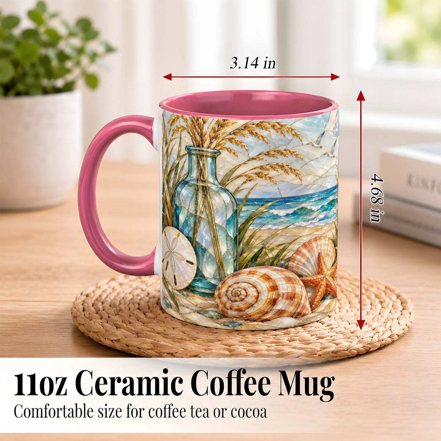 #pl[11oz|Pink] Coastal Shell Coffee Mug, Stained Glass Style Mug, Ceramic Cup