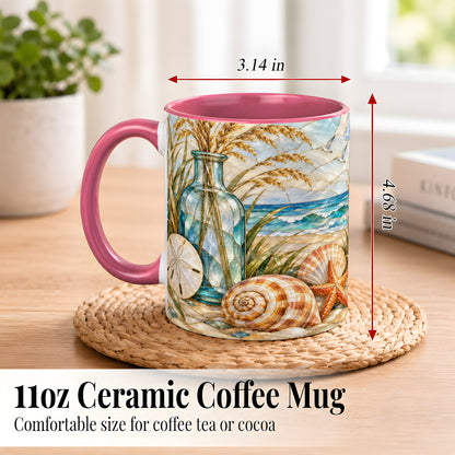 #pl[11oz|Pink] Coastal Shell Coffee Mug, Stained Glass Style Mug, Ceramic Cup