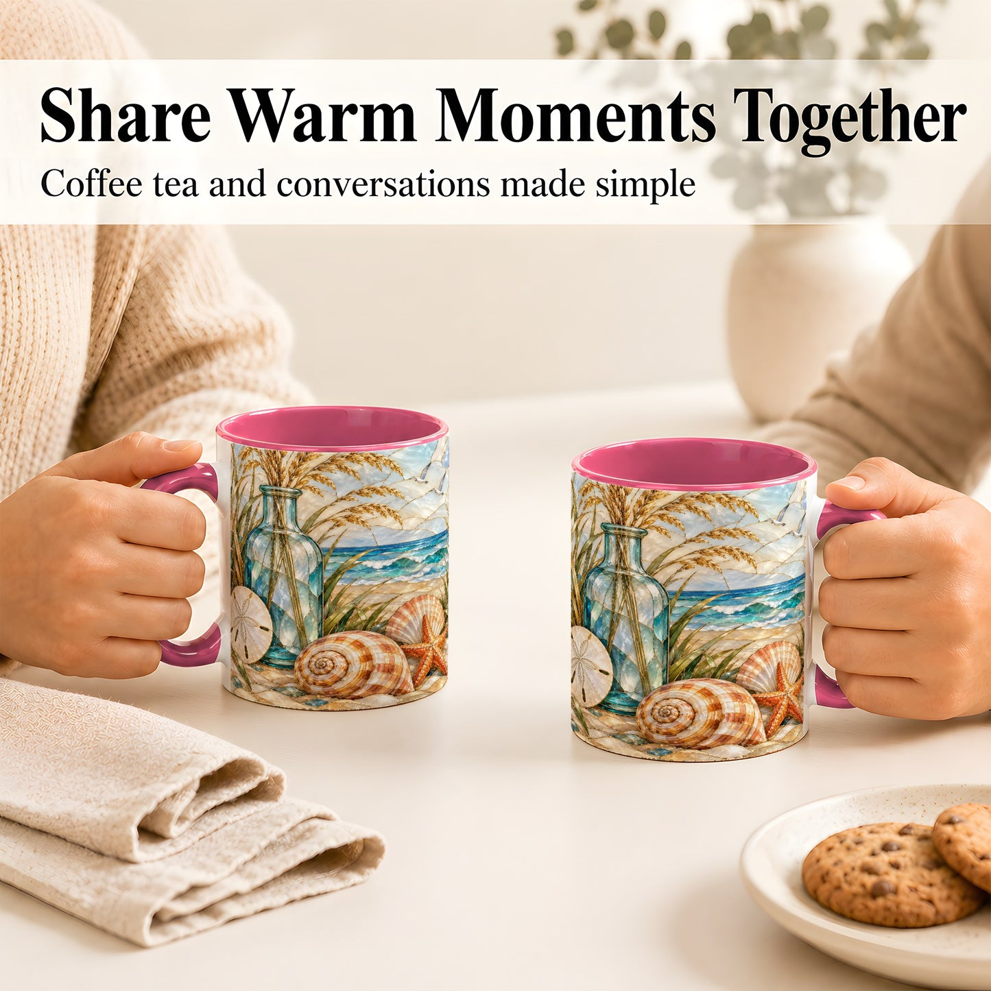 #pl[11oz|Pink] Coastal Shell Coffee Mug, Stained Glass Style Mug, Ceramic Cup