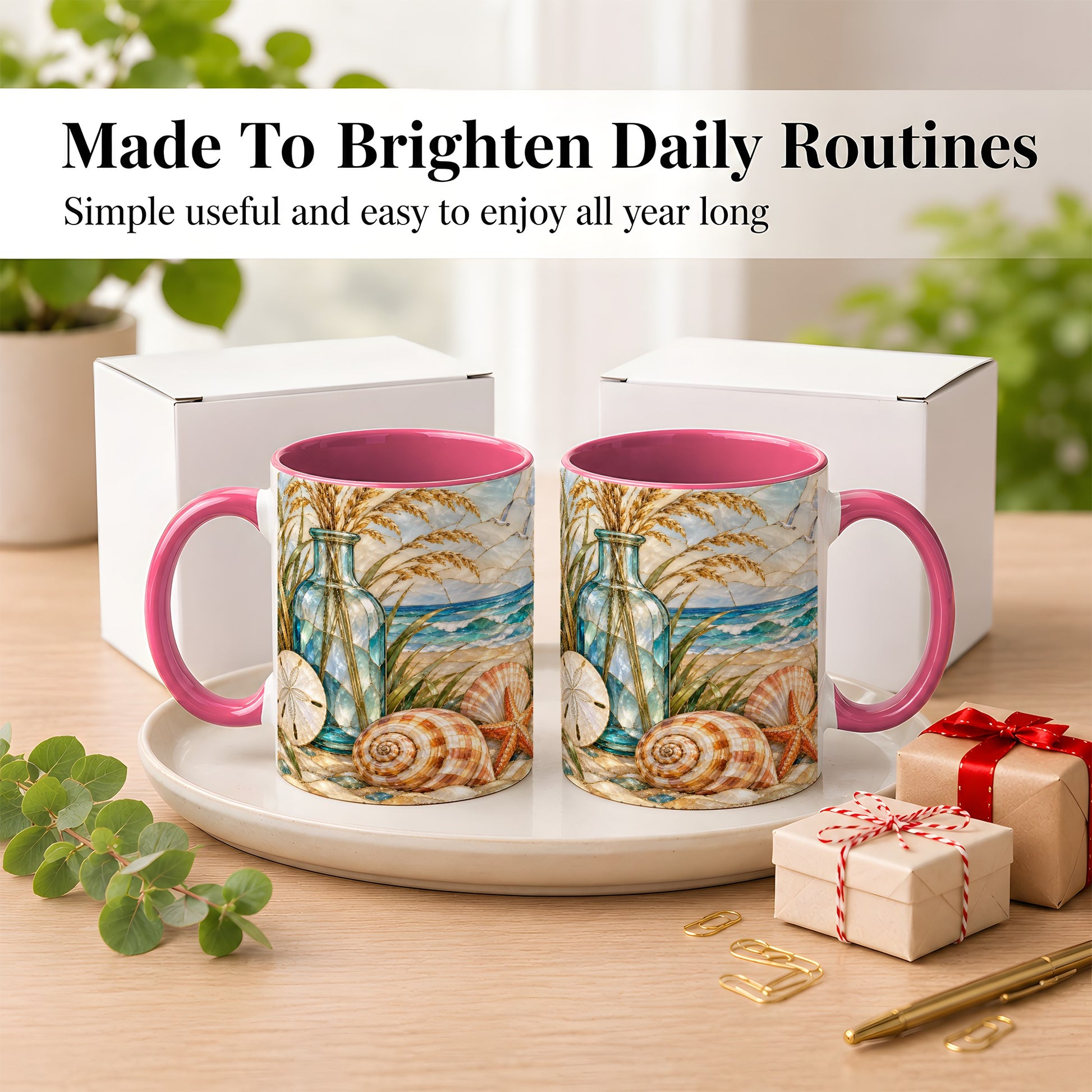 #pl[11oz|Pink] Coastal Shell Coffee Mug, Stained Glass Style Mug, Ceramic Cup