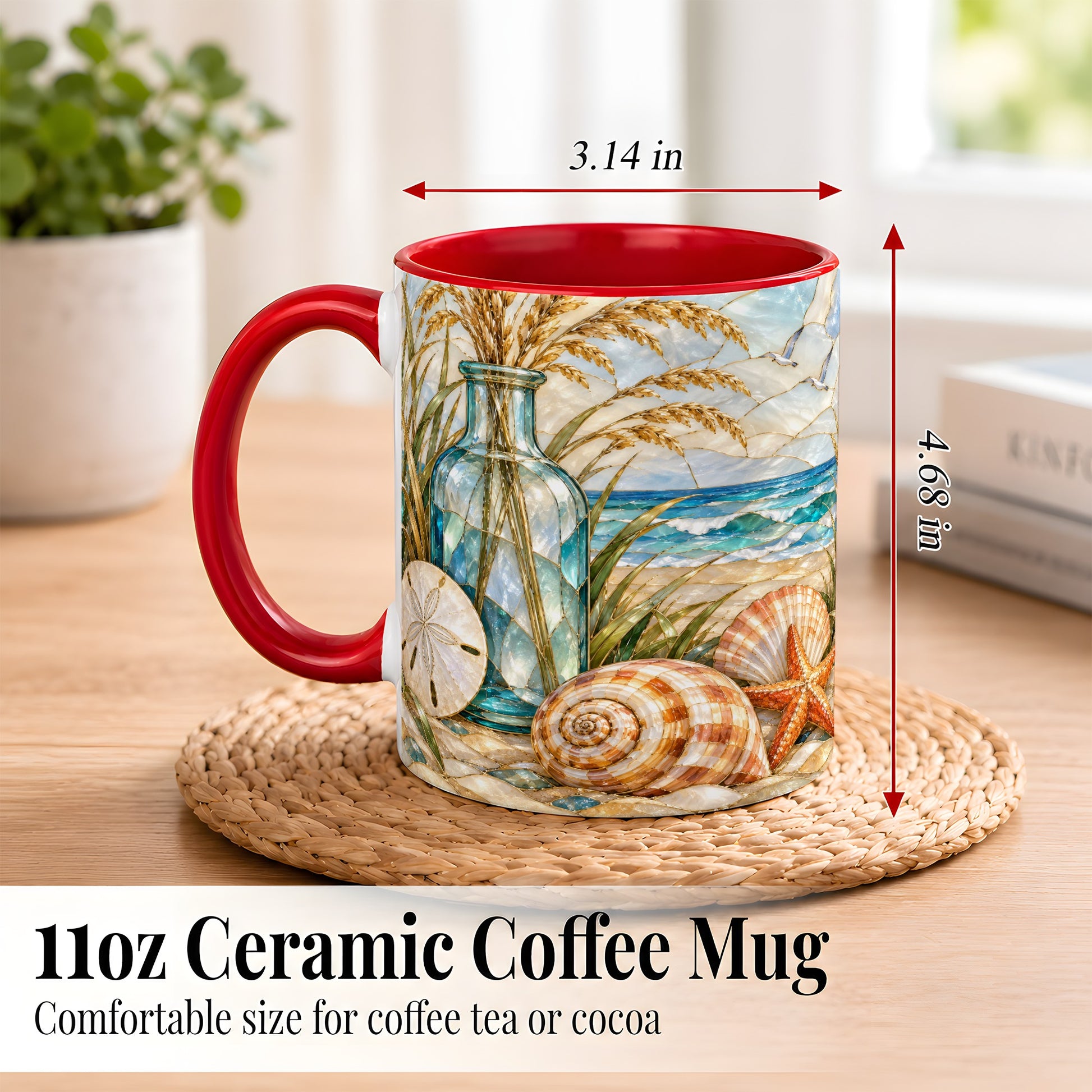 #pl[11oz|Red] Coastal Shell Coffee Mug, Stained Glass Style Mug, Ceramic Cup