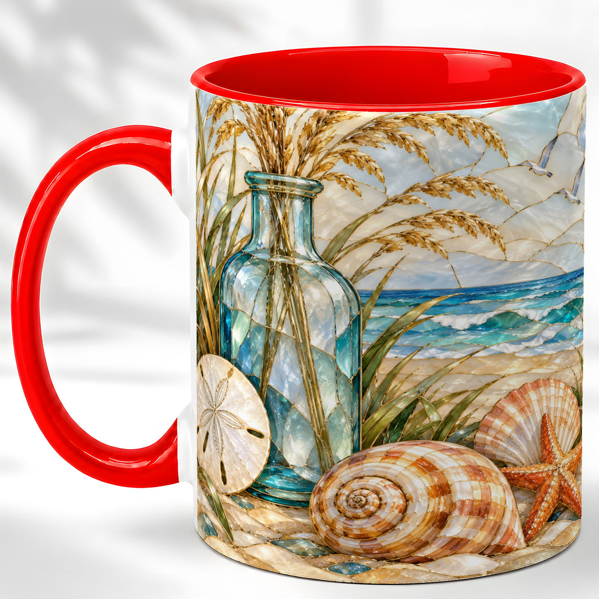 Coastal Shell Coffee Mug, Stained Glass Style Mug, Ceramic Cup