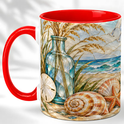 Coastal Shell Coffee Mug, Stained Glass Style Mug, Ceramic Cup