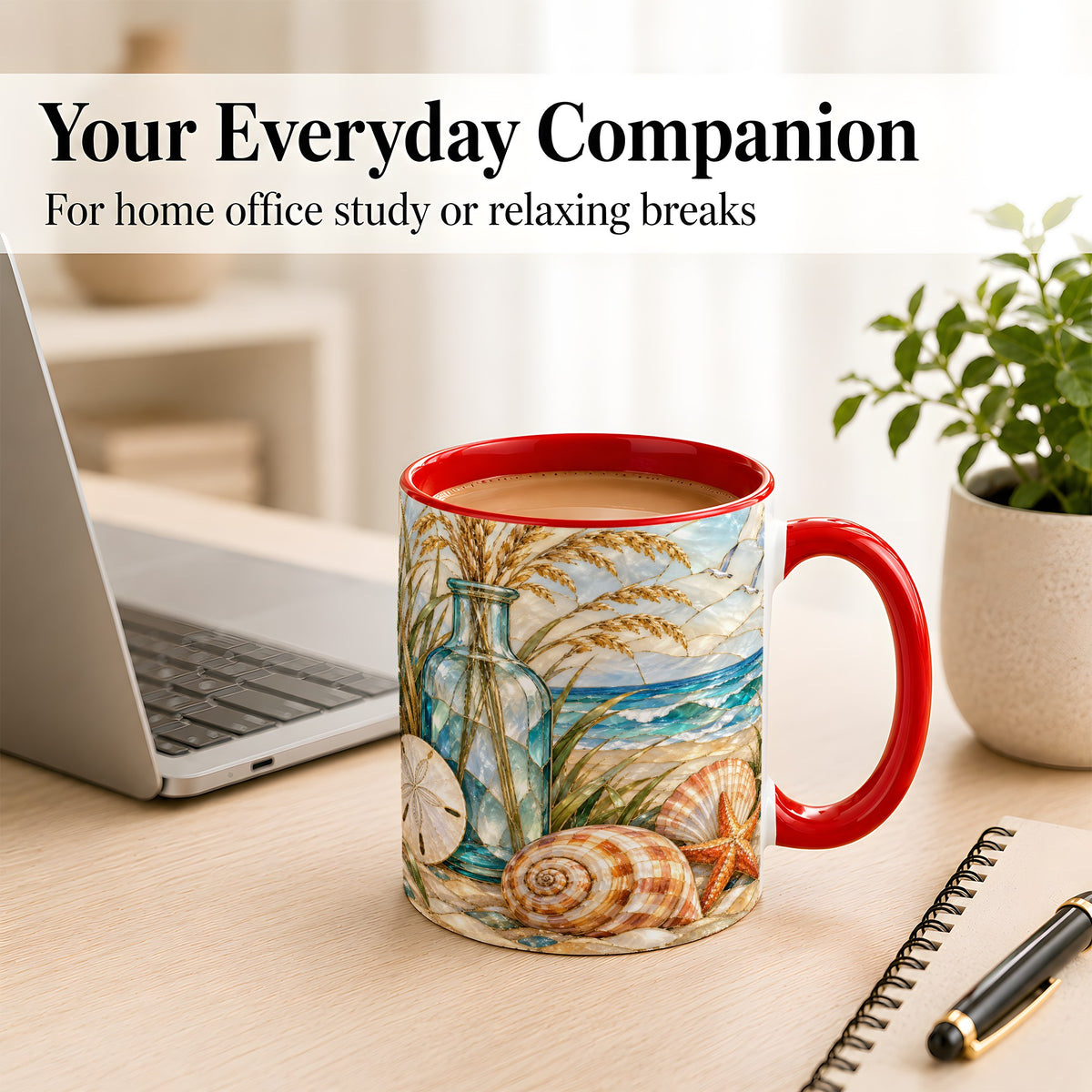 #pl[11oz|Red] Coastal Shell Coffee Mug, Stained Glass Style Mug, Ceramic Cup