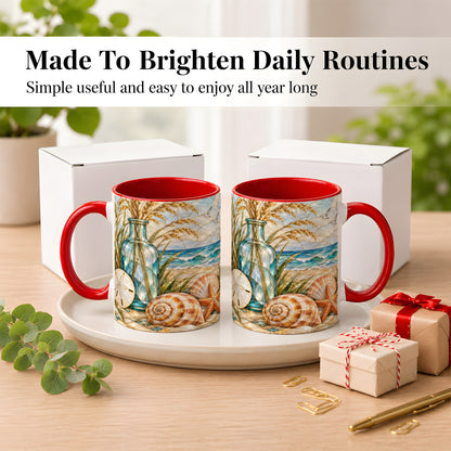 #pl[11oz|Red] Coastal Shell Coffee Mug, Stained Glass Style Mug, Ceramic Cup