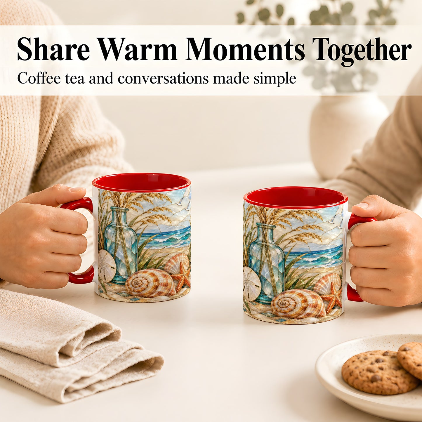 #pl[11oz|Red] Coastal Shell Coffee Mug, Stained Glass Style Mug, Ceramic Cup