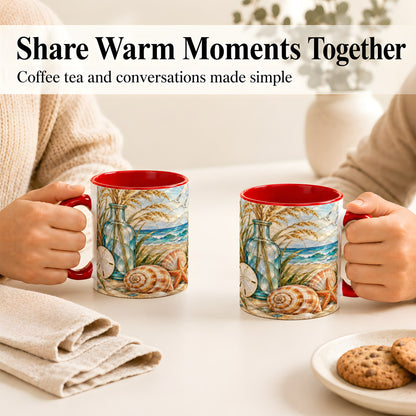 #pl[11oz|Red] Coastal Shell Coffee Mug, Stained Glass Style Mug, Ceramic Cup