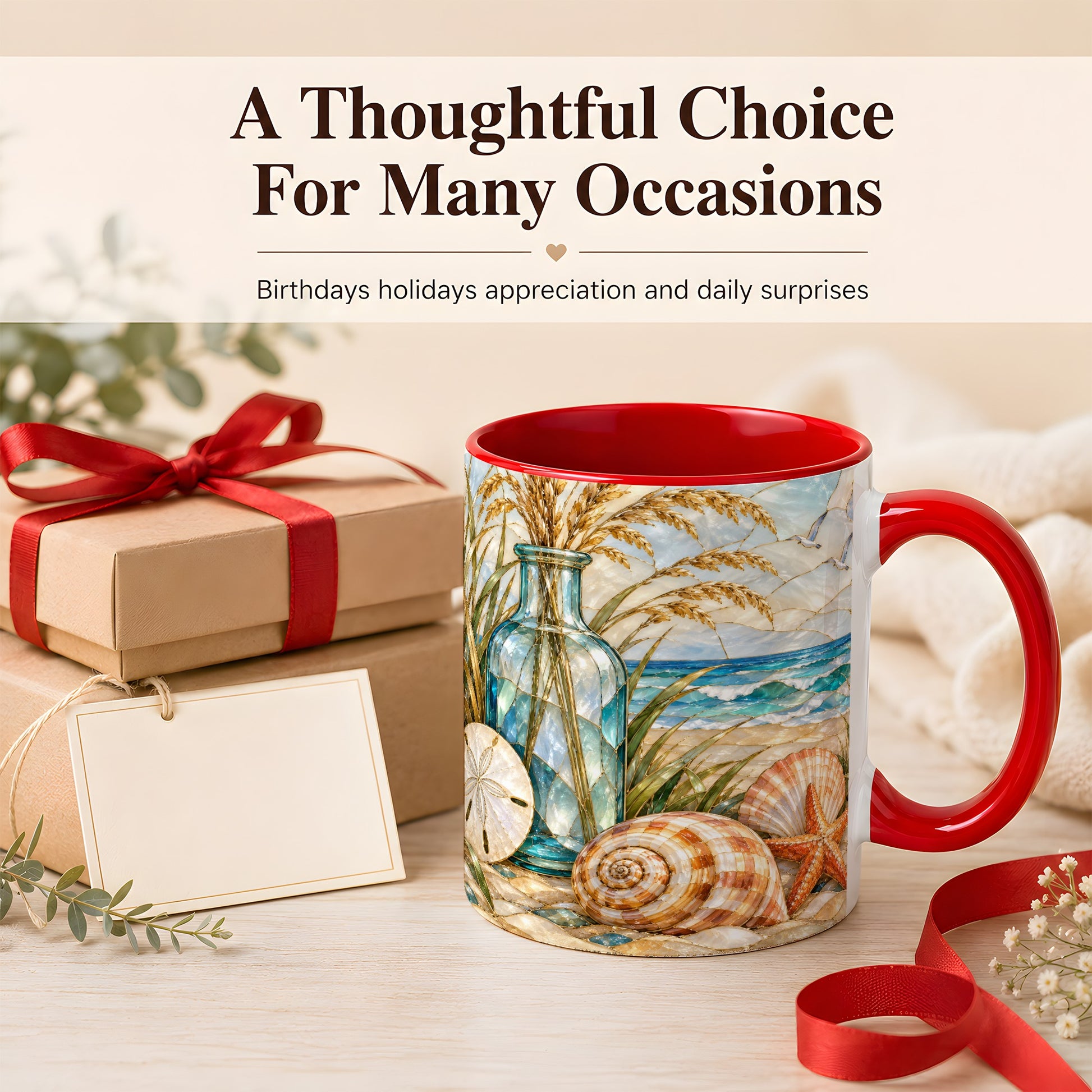 #pl[11oz|Red] Coastal Shell Coffee Mug, Stained Glass Style Mug, Ceramic Cup