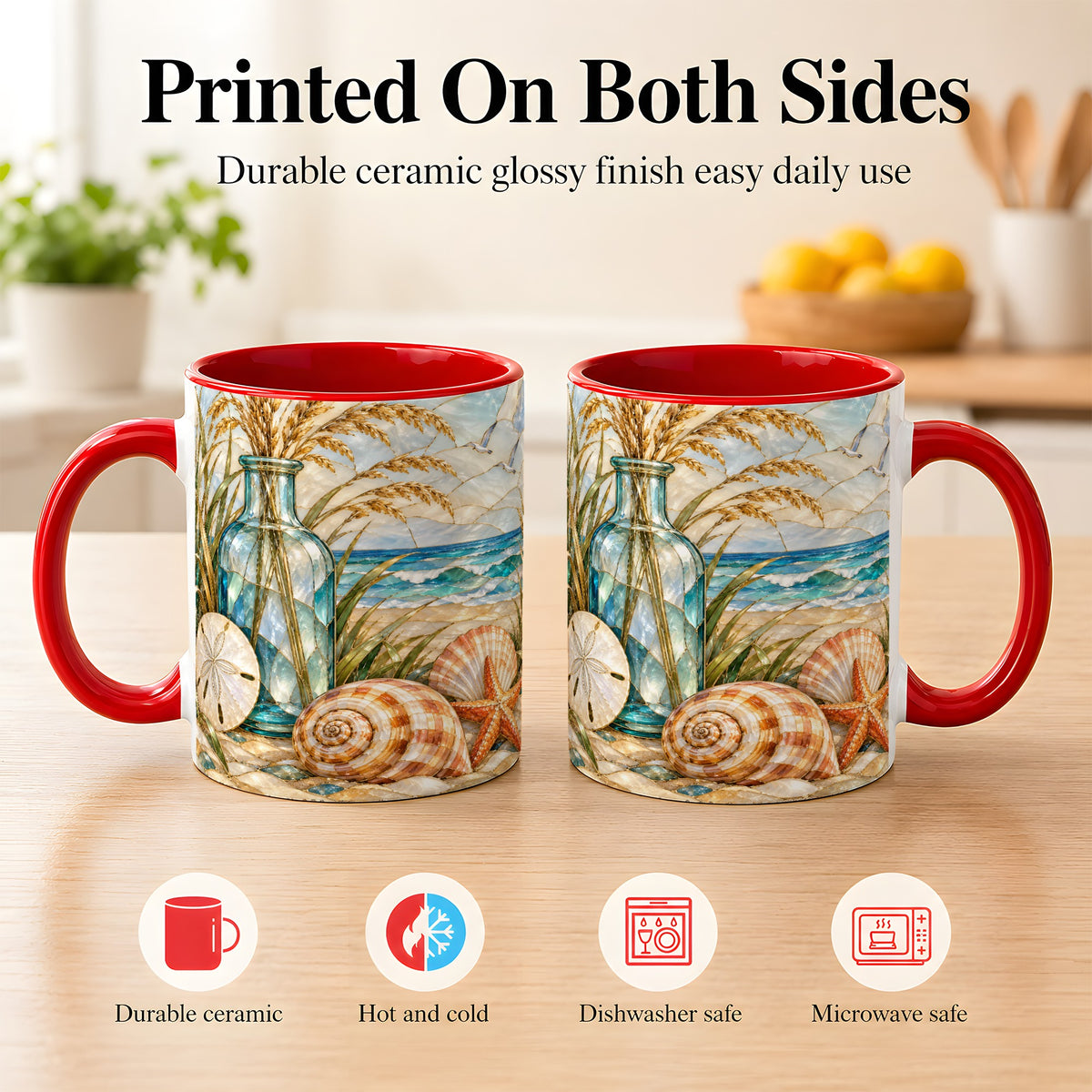 #pl[11oz|Red] Coastal Shell Coffee Mug, Stained Glass Style Mug, Ceramic Cup