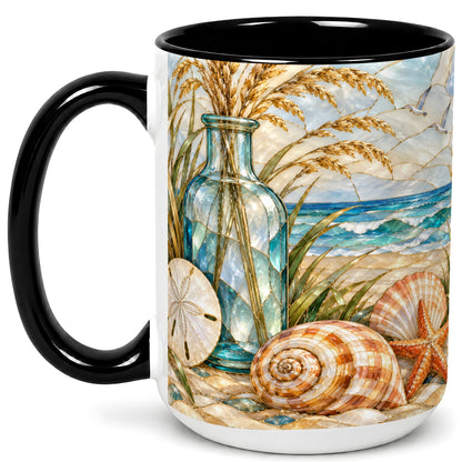 #pl[15oz|Black] Coastal Shell Coffee Mug, Stained Glass Style Mug, Ceramic Cup