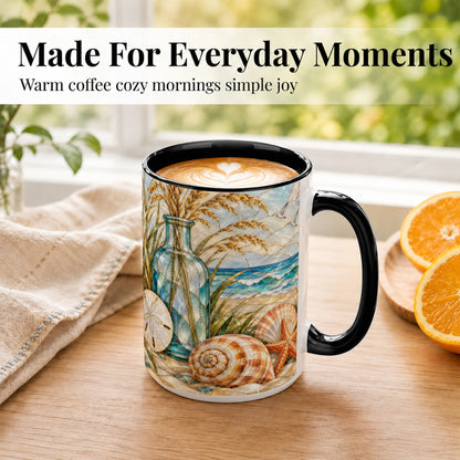 #pl[15oz|Black] Coastal Shell Coffee Mug, Stained Glass Style Mug, Ceramic Cup