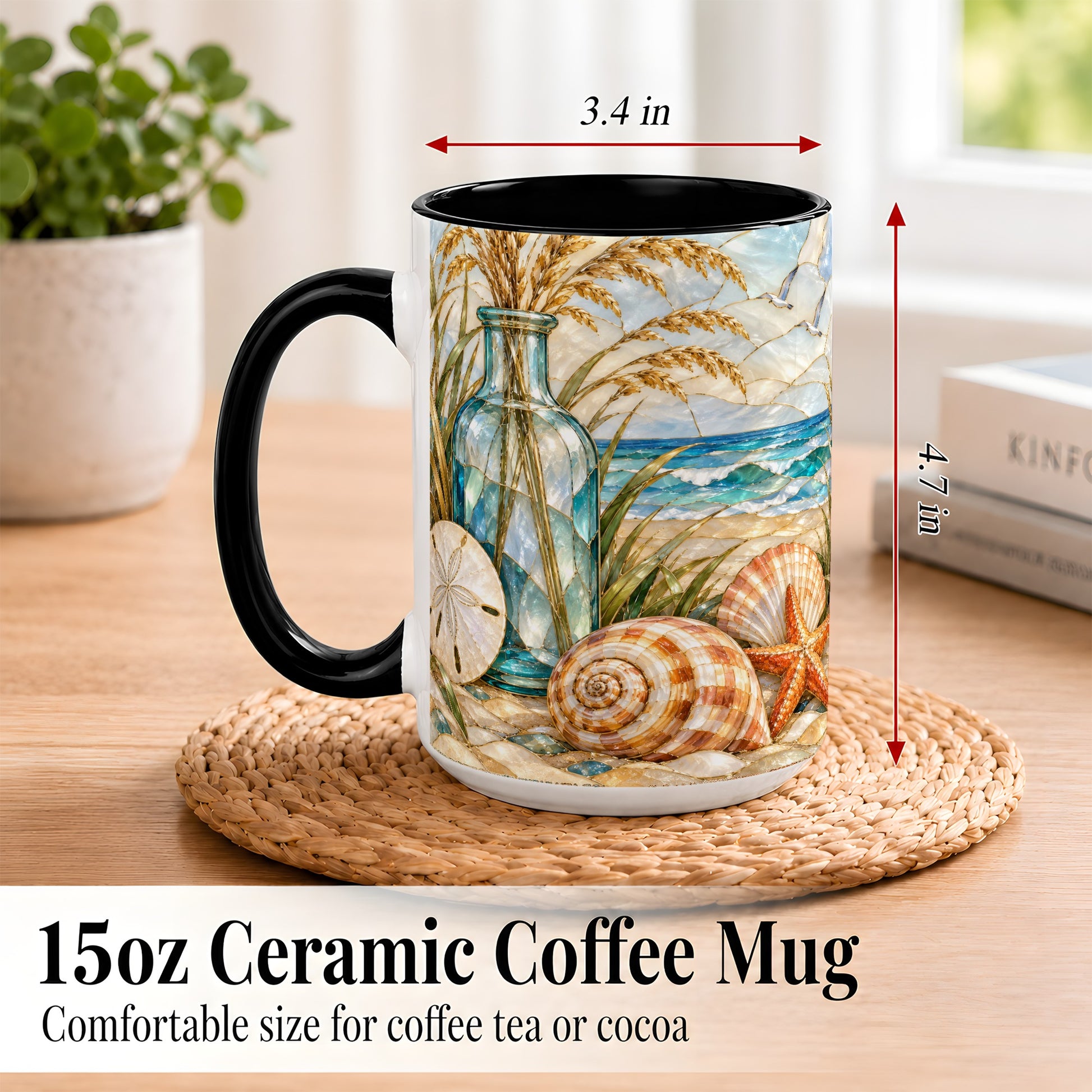 #pl[15oz|Black] Coastal Shell Coffee Mug, Stained Glass Style Mug, Ceramic Cup
